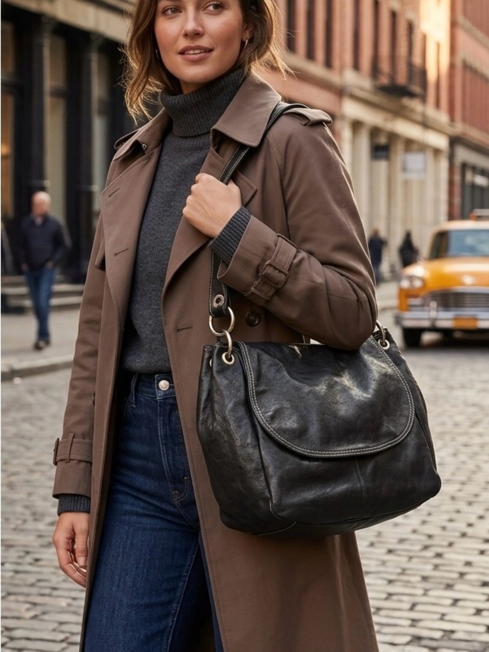 Barr + Barr NY Black Distressed Leather Hobo Bag Shoulder Bag Large